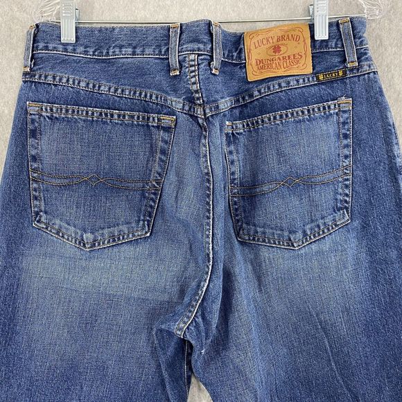 Lucky Brand Dungarees Men's 34 x 31.5 Grunge Distressed Bootleg Denim Blue Jeans - Picture 1 of 14
